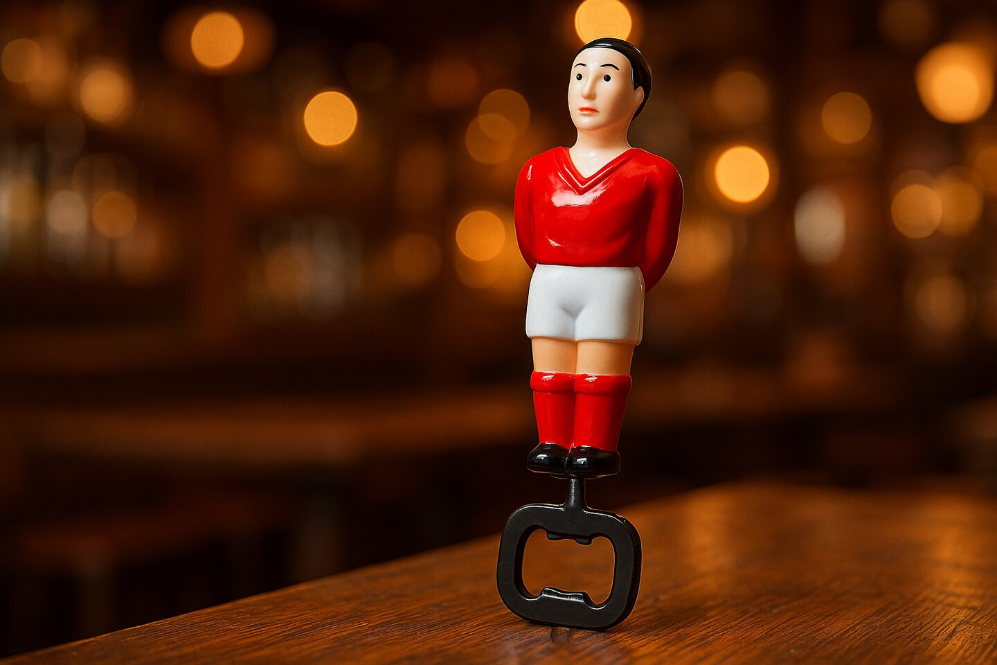 Flesopener in de vorm van een tafelvoetbalpoppetje op een houten bar